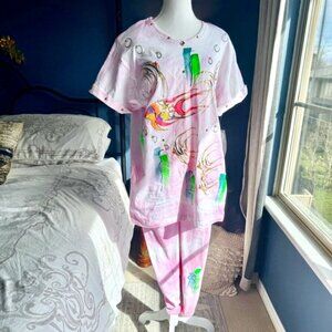 NWT Vintage 90s Unique Pink Tie Dye Hand Painted Fish Bejeweled Shirt and Tights